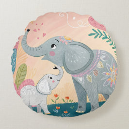 Elephant Mom and Baby Rundes Kissen