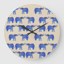 Elephant Mood Wall Clock, Blaues Elefantenmuster Große Wanduhr