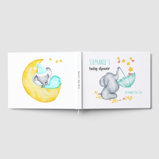 Elephant Moon and Stars Wasserfarbe Babydusche Gästebuch (Voll)