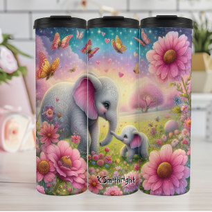 Elephant Mother and Baby in Blume Meadow Thermosbecher