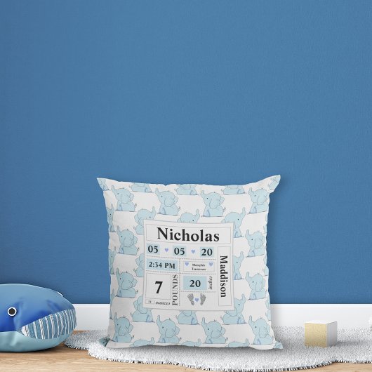 Elephant Muster Birth Announcement Stats Blue Kissen