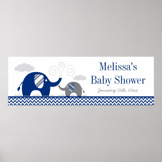 Elephant Navy Blue Gray Baby Shower Banner Poster (Vorne)