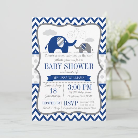 Elephant Navy Blue Gray Baby Shower Einladung (Stehend Vorderseite)