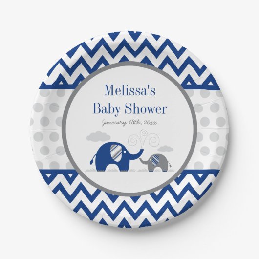 Elephant Navy Blue Gray Baby Shower Pappteller (Vorderseite)