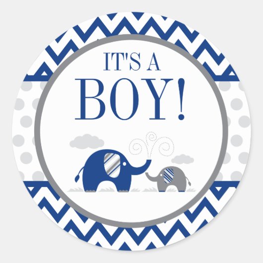 Elephant Navy Blue Gray Boy Baby Shower Runder Aufkleber (Vorderseite)