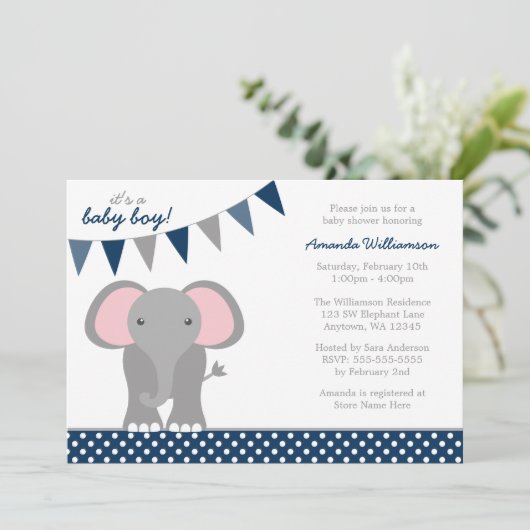 Elephant Navy Polka Dot Banner Boy Baby Shower Einladung (Stehend Vorderseite)