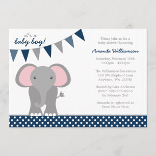 Elephant Navy Polka Dot Banner Boy Baby Shower Einladung