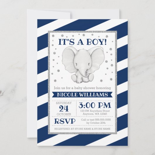Elephant Navy Stripes Boy Baby Shower Einladungen (Vorderseite)