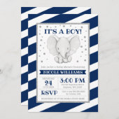 Elephant Navy Stripes Boy Baby Shower Einladungen (Vorne/Hinten)