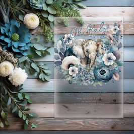 Elephant Oh Baby Blue Floral Baby Dusche Acryleinladungen