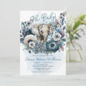Elephant Oh Baby Blue Floral Baby Dusche Einladung (Stehend Vorderseite)