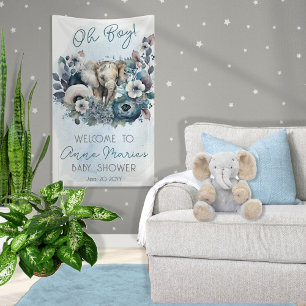 Elephant Oh Boy Blue Floral Baby Dusche Banner