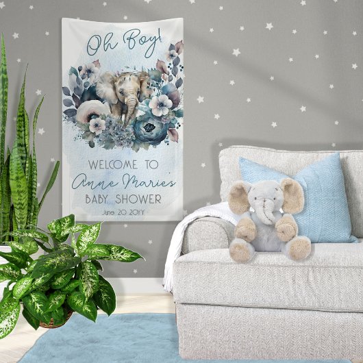 Elephant Oh Boy Blue Floral Baby Dusche Banner