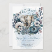 Elephant Oh Boy Blue Floral Baby Dusche Einladung (Vorderseite)