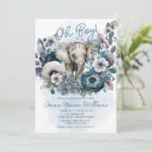 Elephant Oh Boy Blue Floral Baby Dusche Einladung (Stehend Vorderseite)