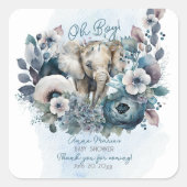 Elephant Oh Boy Blue Floral Baby Dusche Quadratischer Aufkleber (Vorderseite)
