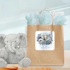 Elephant Oh Boy Blue Floral Baby Dusche Quadratischer Aufkleber
