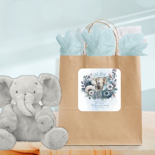 Elephant Oh Boy Blue Floral Baby Dusche Quadratischer Aufkleber