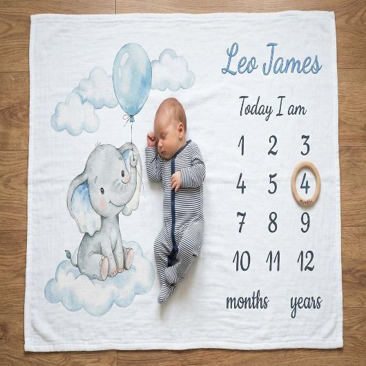 Elephant on Cloud Personalized Boy Milestone Baby  Fleecedecke