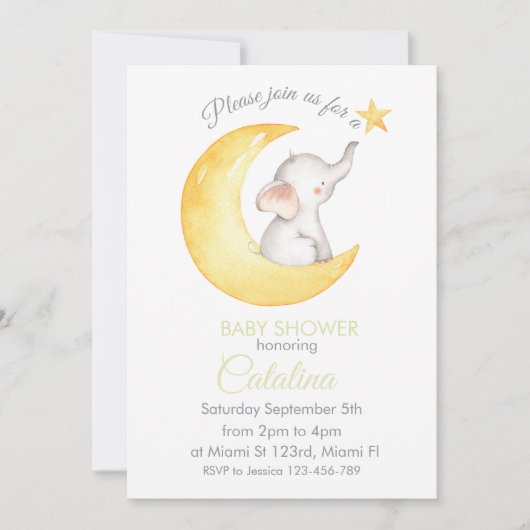 Elephant on Moon Baby Shower Invitation Einladung (Vorderseite)