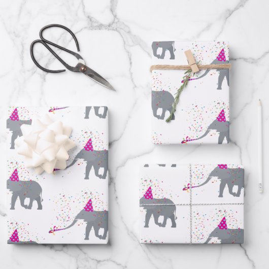 Elephant Partying - Tiere mit Party Geschenkpapier Set (Vorderseite)