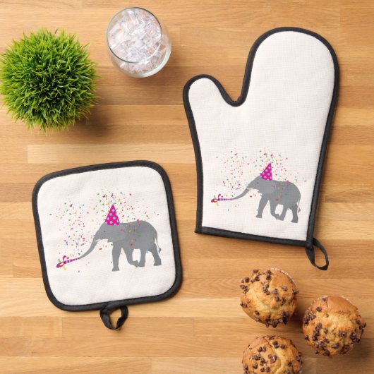 Elephant Partying - Tiere mit Party Ofenhandschuh & Topflappen-Set (Oben Unten)