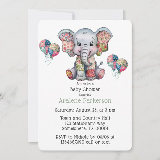 Elephant Patchwork Chic Girl oder Boy Baby Shower Einladung (Vorderseite)
