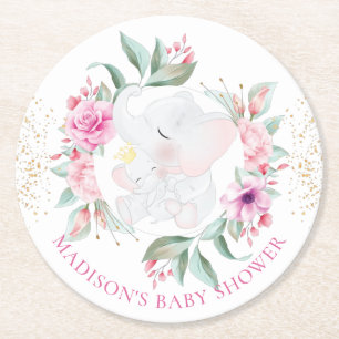 Elephant Personalisiert Girl-Babydusche Runder Pappuntersetzer