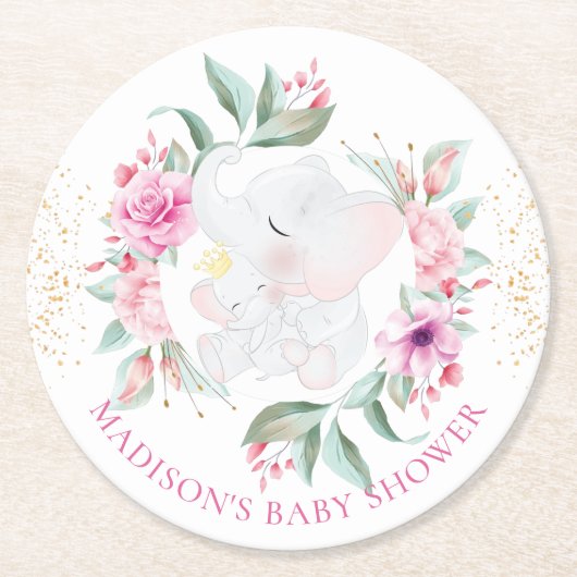 Elephant Personalisiert Girl-Babydusche Runder Pappuntersetzer (Vorderseite)
