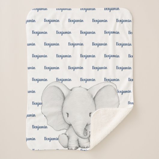 Elephant Personalisiert Navy Blue Name Boy Sherpadecke (Vorderseite)