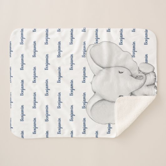 Elephant Personalisiert Navy Blue Name Boy Sherpadecke (Vorderseite (Horizontal))