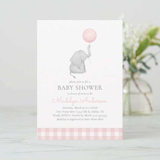 Elephant Pink Balloon Girl Baby Dusche Einladung (Stehend Vorderseite)