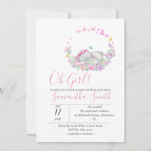 Elephant Pink Butterflies Kinderdusche Einladung (Vorderseite)