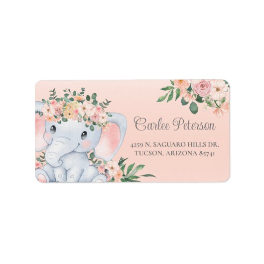 Elephant Pink Floral Baby Dusche Rücksendeadresse Adressaufkleber (Vorne)