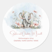 Elephant Pink Floral Baby Dusche Rücksendeadresse Runder Aufkleber (Vorderseite)