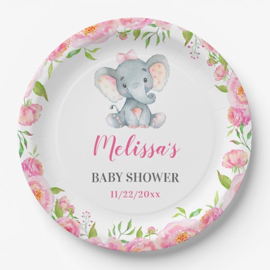 Elephant Pink Floral Baby Dusche Sprinkle Pappteller (Vorderseite)