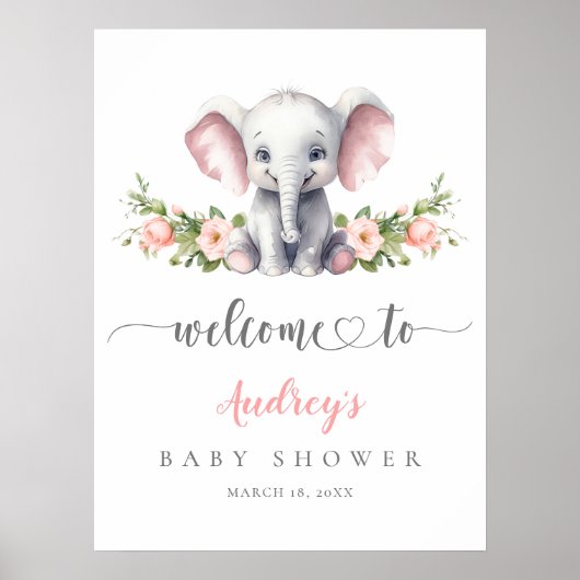 Elephant Pink Floral Baby Girl Dusche Willkommen Poster (Vorne)