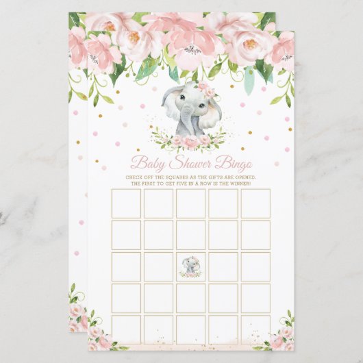 Elephant Pink Floral Baby Shower Bingo Game (Vorne/Hinten)