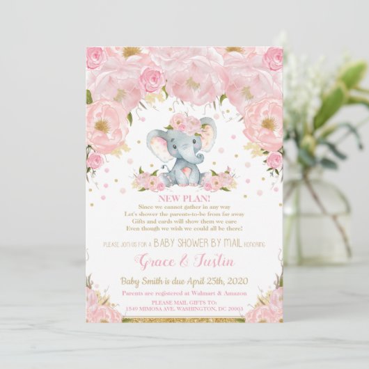 Elephant Pink Floral Baby Shower von Mail Girl Einladung (Stehend Vorderseite)