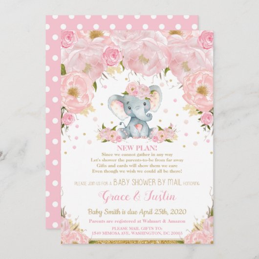 Elephant Pink Floral Baby Shower von Mail Girl Einladung (Vorne/Hinten)