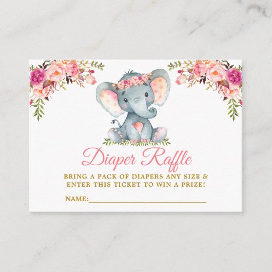 Elephant Pink Floral Diaper Raffle Baby Dusche Begleitkarte (Vorderseite)