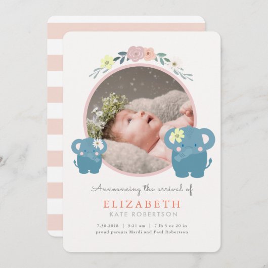 Elephant Pink Floral Girl Foto Geburtsankündigung Einladung (Vorne/Hinten)