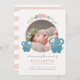 Elephant Pink Floral Girl Foto Geburtsankündigung Einladung