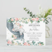 Elephant Pink Floral Greenery Baby Shower Invitati Einladung (Stehend Vorderseite)