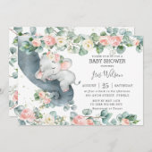 Elephant Pink Floral Greenery Baby Shower Invitati Einladung (Vorne/Hinten)