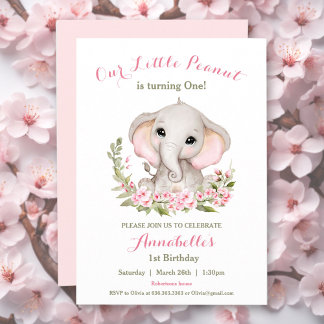 Elephant Pink Frühjahr 1. Geburtstag Mädchen Einla Einladung