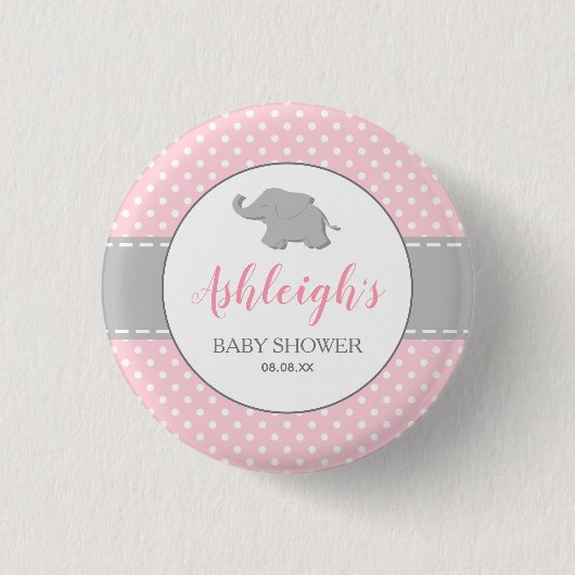 Elephant Pink Gray Polka Dot Girl Baby Dusche Button (Vorderseite)