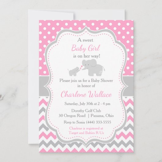 Elephant Pink und Gray Baby Dusche Einladung (Vorderseite)