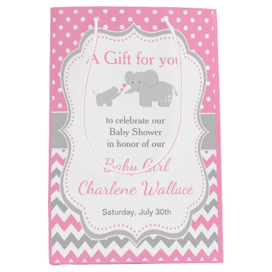 Elephant Pink und Gray Baby Dusche Vielen Dank Mittlere Geschenktüte (Vorderseite)