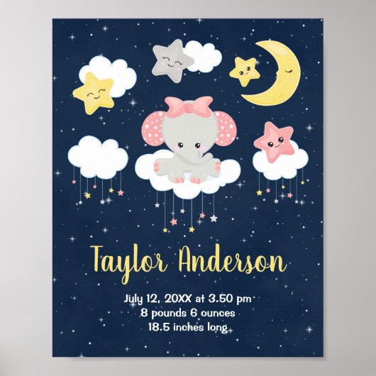 Elephant Pink und Navy Baby Birth Statistik Poster (Vorne)